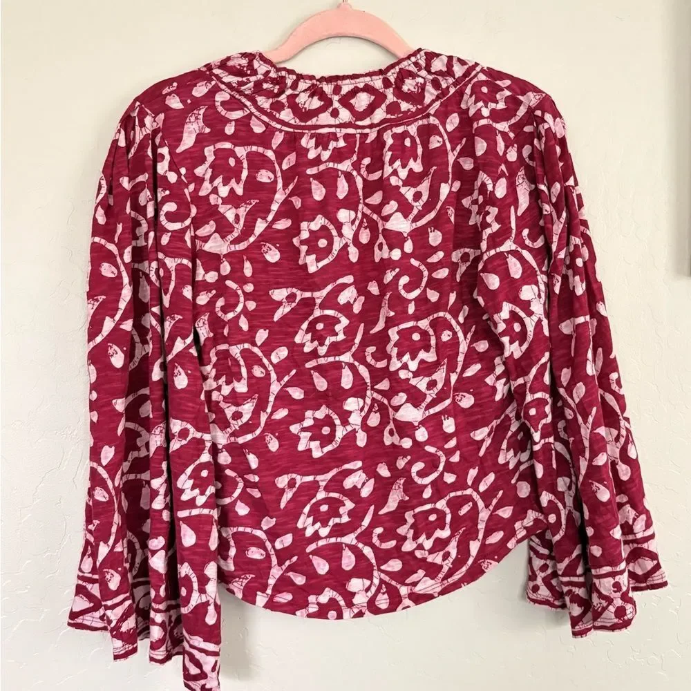 Free People On the Block Bell Sleeve Boho Patterned Top Berry Combo Medium